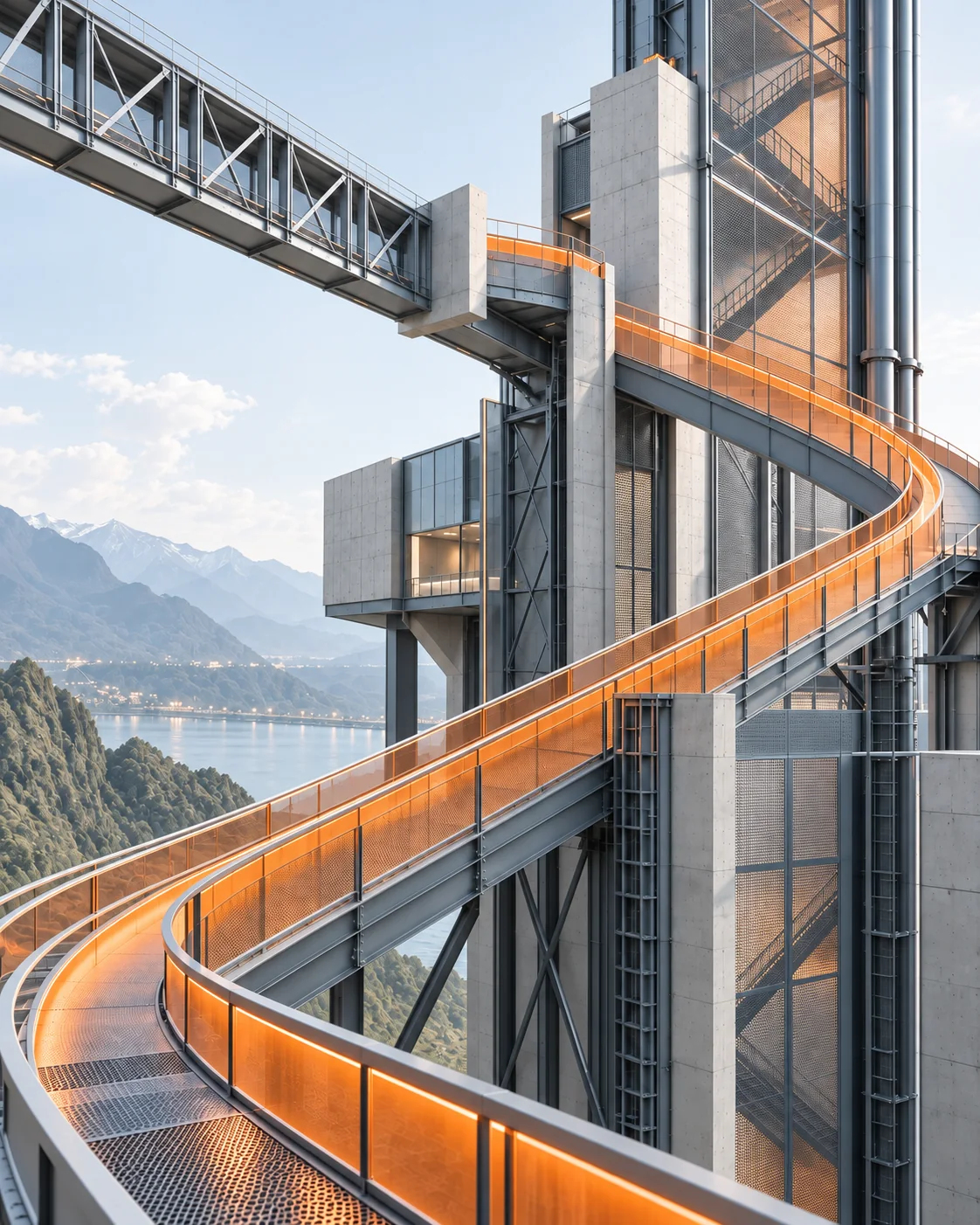 Arquitectura industrial contemporánea con una circulación naranja.